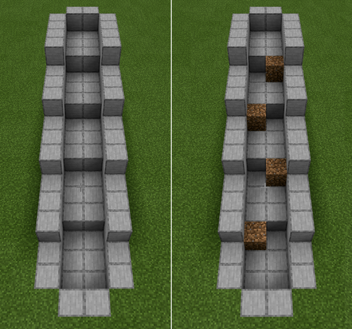 1. Create the channel steps and make walls around the channel. 2. Place dirt blocks at the bottom of each step on alternating sides.