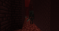 A wither skeleton next to the wall of a Nether fortress