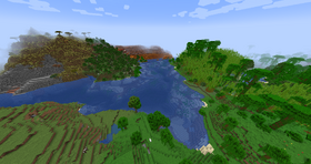 A river runs through a flower forest, a sunflower plains, a jungle and a sparse jungle biome.