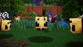 Five bees appear in an image from Minecraft Dungeons, with one of them staring straight, two of them staring at the first one, and the remaining two hovering in the background.[1]