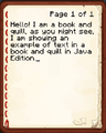 An example of text in a book and quill in Java Edition.