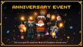 A Vindicator, along with a Piglin, a player, two Baby Ghasts, and the Arch-illager in the promotional artwork for the Anniversary Event of Minecraft Dungeons