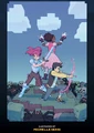 Artwork by Michelle Wong of Minecraft players fending off hostile mobs