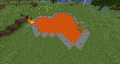 A lava lake in plains biome, starting a fire. Note the grass on stone blocks and above the lava itself.