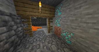 A naturally-occurring stream of lava next to diamond, gold, and iron ore