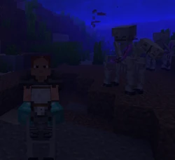 A player riding a skeleton horse underwater.