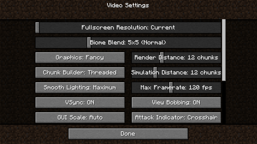 video settings in Minecraft