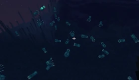 A deep lukewarm ocean with several glow squid clearly visible.