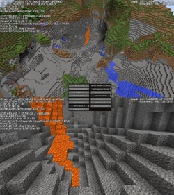 A large hole in a gravelly mountains biome.
