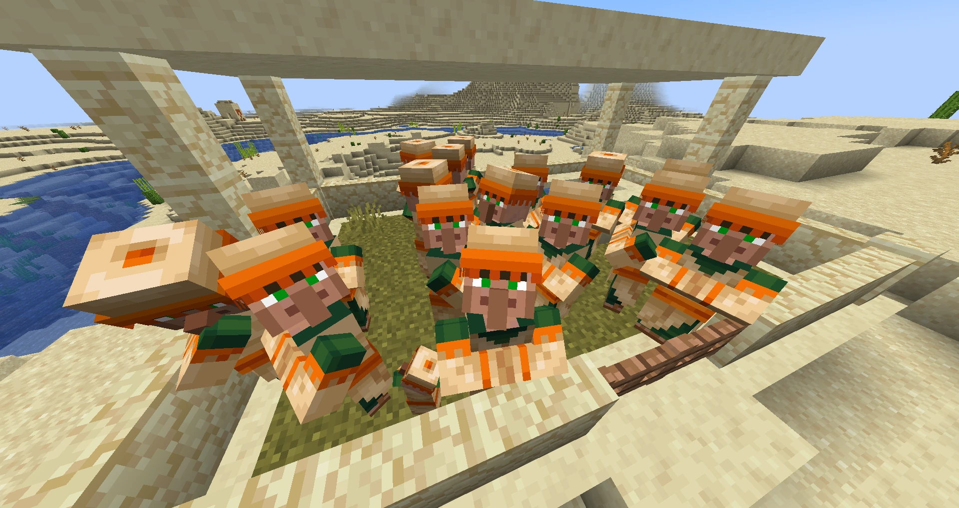 A lot of villagers staring at the player.