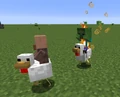 A villager chicken jockey, having been cured, being chased by a normal chicken jockey.