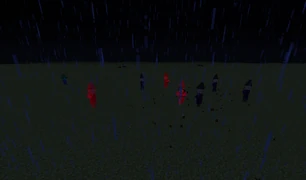 7 witches fighting in a thunderstorm.