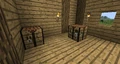Crafting tables in a wooden room.