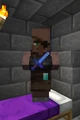 A plains armorer villager holding an enchanted diamond sword.