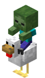 Baby zombie riding a chicken.