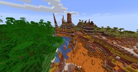 A badlands and jungle biome generated together. Note the exposed mineshaft in the lower right.