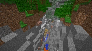 A jungle pyramid, stronghold, and mineshaft generated together in one canyon.