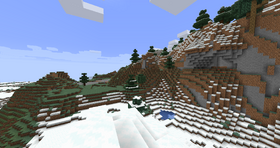 Two windswept hills variants. On the left is a normal windswept hills biome. On the right is windswept forest.