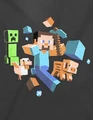 Official T-shirt artwork "Run Away!" featuring a creeper, a chicken, Steve, and a pig as well as diamonds. Made by JINX.