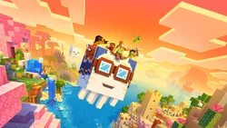 Official Artwork for the Chase the Skies Game Drop, featuring players riding a Happy Ghast.