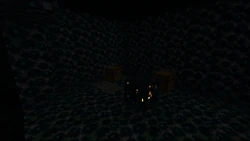 A monster room in a deep dark biome, almost entirely covered in sculk veins.