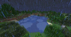 A large lake, during a thunderstorm.
