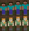 Comparação de quatro tamanhos de Steve e Alex Na Edição Bedrock.