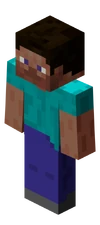 The default player skin, "Steve", as it appears in Bedrock Edition.