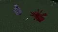 An Iron Golem killing a Spider and throwing it into the air.
