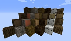 All the facings and types of logs with the wood blocks. From left to right: dark oak, acacia, jungle, spruce, birch, oak.
