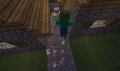 Een ijzergolem die een zombie doodt tijdens een belegering, waardoor de zombie de deur niet afbreekt.