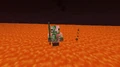 Een varkenzombie dat in lava liep en begon te branden.