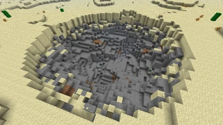 Воронка после взрыва ядерного заряда. Диаметр воронки около 40 блоков. Сила взрыва зависит от настроек в config-файле, а также от используемых компонентов в заряде.