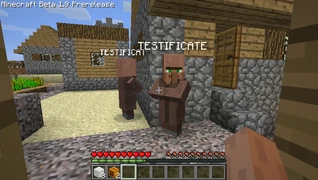 Жители в Beta 1.9-pre1 с надписью "TESTIFICATE" над головами