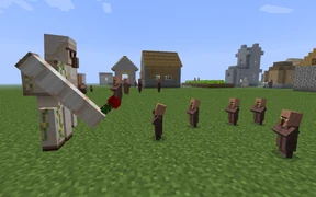 Голем, предлагающий розу нескольким детям. На заднем плане виден ещё один