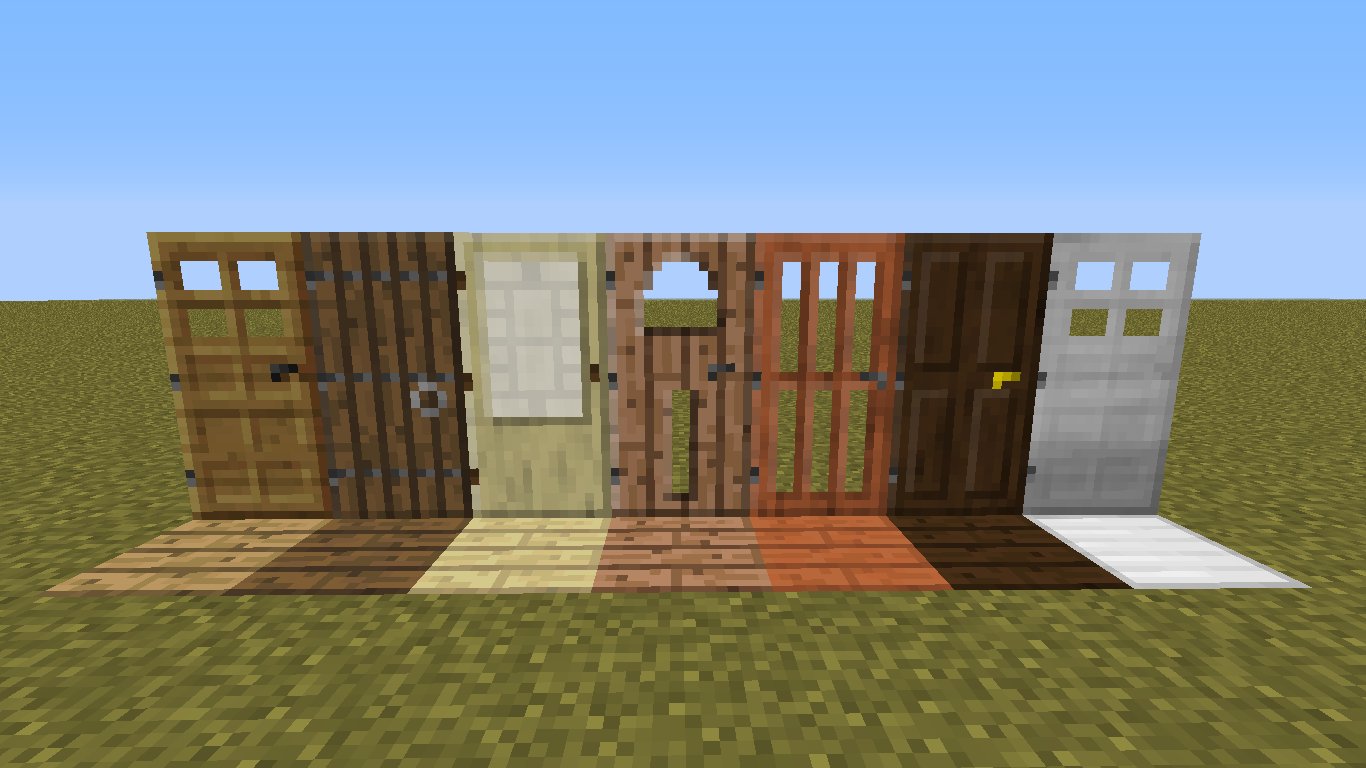 Все двери, доступные в игре, включая двери из разных видов дерева, добавленные в сборке 14w32d