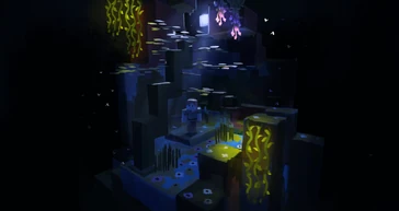 Lush Caves及其植被在夜晚的概念图。