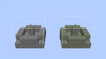 左右分别为一个用石砖和苔石砖组成的喷泉(水源处用灵魂火把表示),现使用这两个结构搭建一个包含少量苔石砖的喷泉。