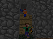 Ecuram running from the mortal. The mortal bears slight resemblance to John Necro, but has red hair instead of brown and uses a different blade.