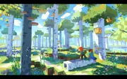 Concept art of the Birch Forest, featuring Trees with Polypores on them.