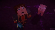 Jesse and Reuben looking at the Command Block in the ceiling