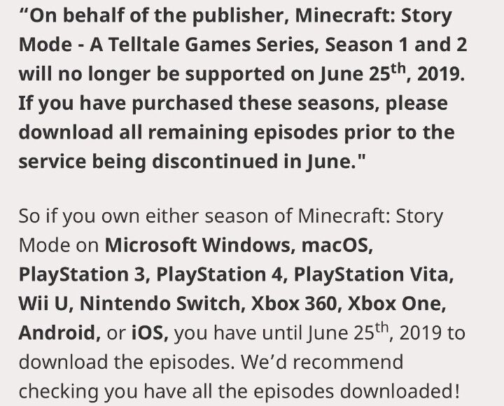 Minecraft: Story Mode will no longer be downloadable after June 25