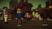 Some griefers surrounding Jesse, Axel, and Reuben in Boom Town. Nohr is seen talking to them.