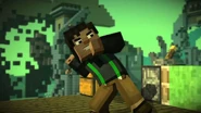 Jesse on his Griefer Tower in Boom Town while he tries to throw an egg at Magnus.