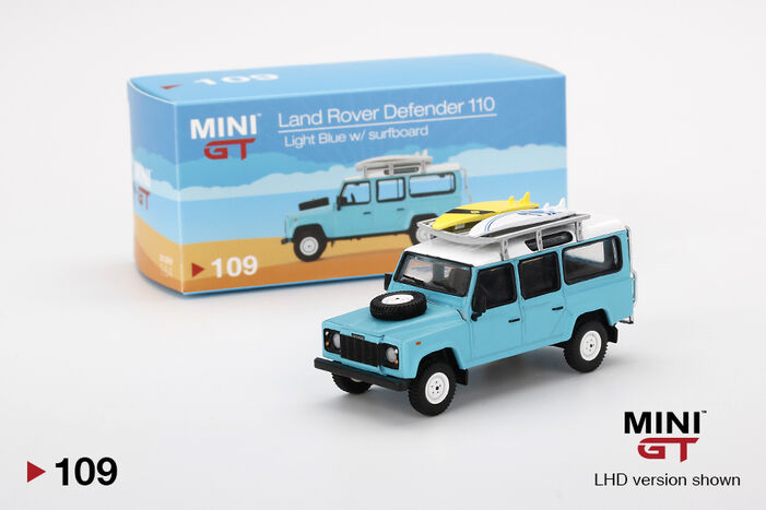 Land Rover Defender 110 Light Blue w/ Surfboard | MINI GT Wiki