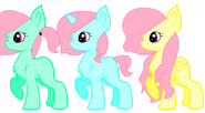 tres hermanas con el cabello rosa y los ojos fucsia la verde pony terrestre la celeste unicornio y la amarilla pegaso