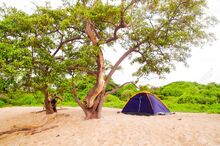 50854035-pequeño-campamento-con-una-configuración-de-tienda-de-campaña-para-dos-personas-en-arena-en-la-playa-el-fondo