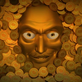 Złota twarz z wąsami otoczona mnóstwem monet