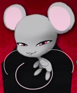 Wczesny rysunek uśmiechniętej Mullo na czerwono-czarnym tle, przypominającym odsłaniającą się kurtynę