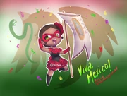 La Mariquita segurando uma bandeira com confetes ao seu redor.